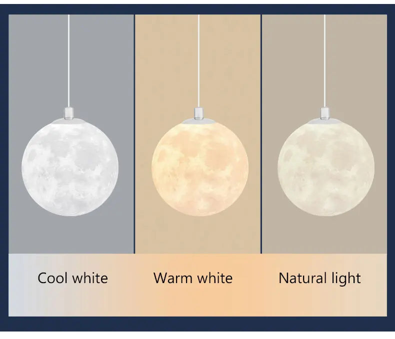Nordic LED moon pendant chandelier with textured lunar surface in cool white warm white and natural light for dining room kitchen