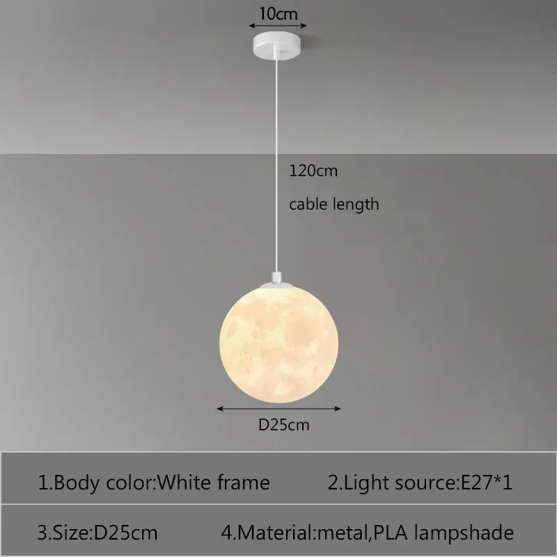 Nordic LED moon pendant light with white metal frame and translucent pla shade for dining room kitchen decor