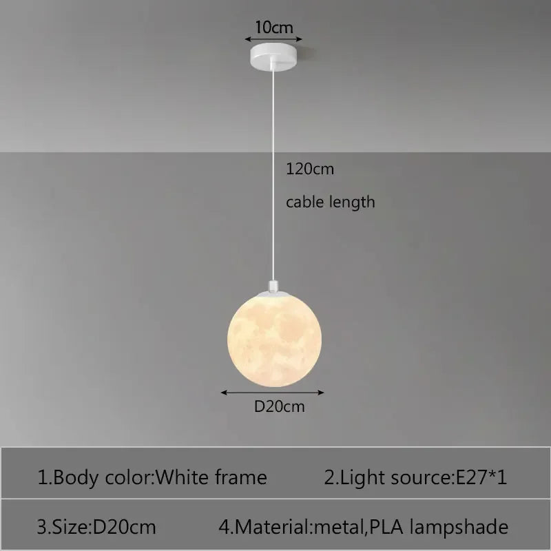 White-framed nordic led moon pendant light with 20cm diameter illuminated pla shade for dining room kitchen decor