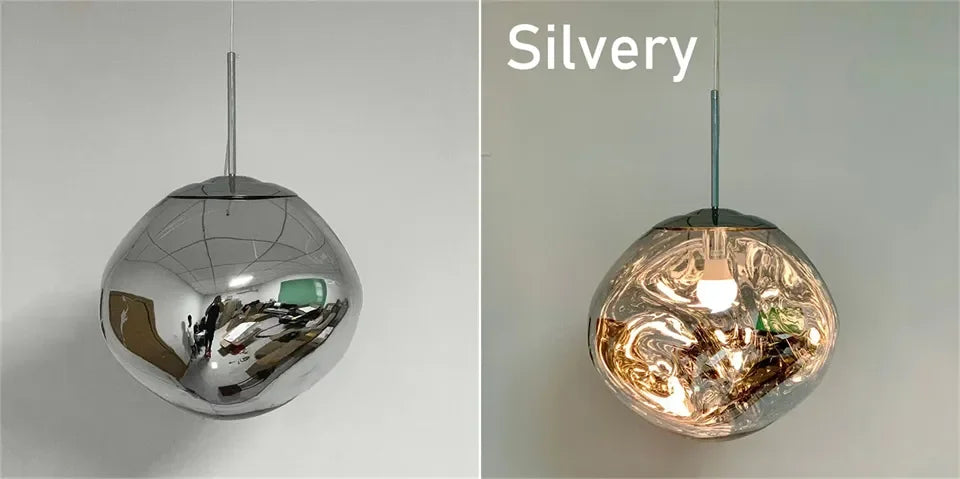 Modern nordic spherical led pendant light with reflective metallic finish and intricate internal design for indoor use