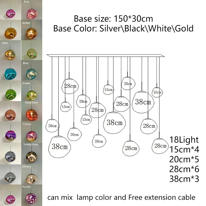 Modern glass globe pendant light with silver black white or gold base and colorful customizable pvc lamp shades for indoor use