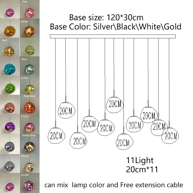 A modern 11-light Nordic LED pendant chandelier with colorful glass globe shades and silver black white or gold base