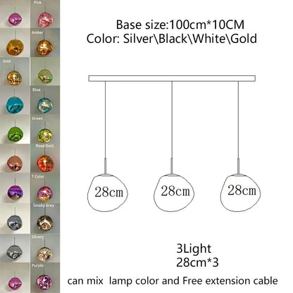 Modern minimalist Nordic LED pendant light with three colorful glass shades and a metallic silver base for indoor use