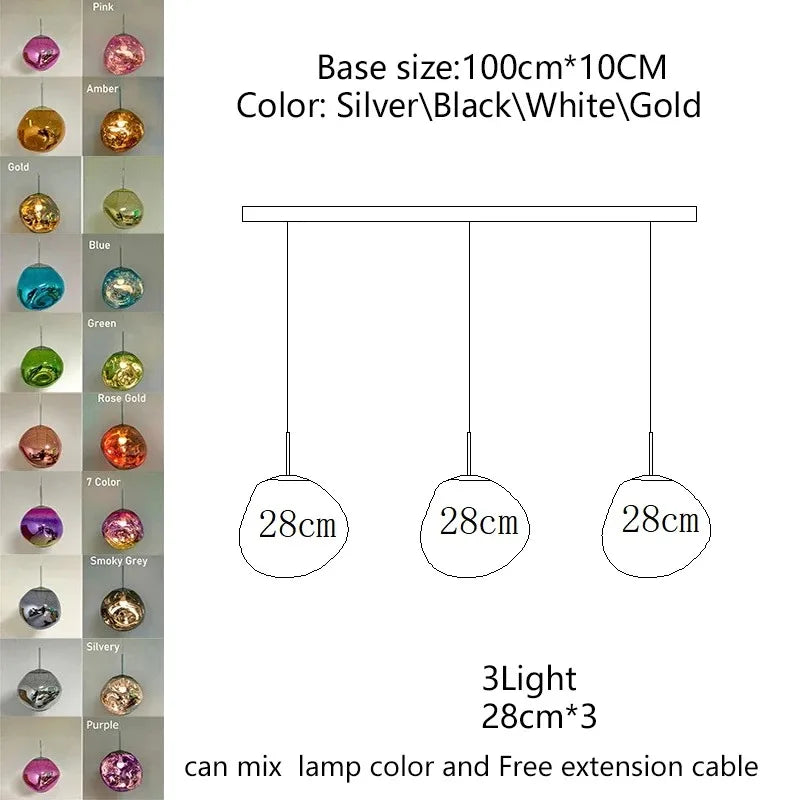 Modern minimalist Nordic LED pendant light with three colorful glass shades and a metallic silver base for indoor use