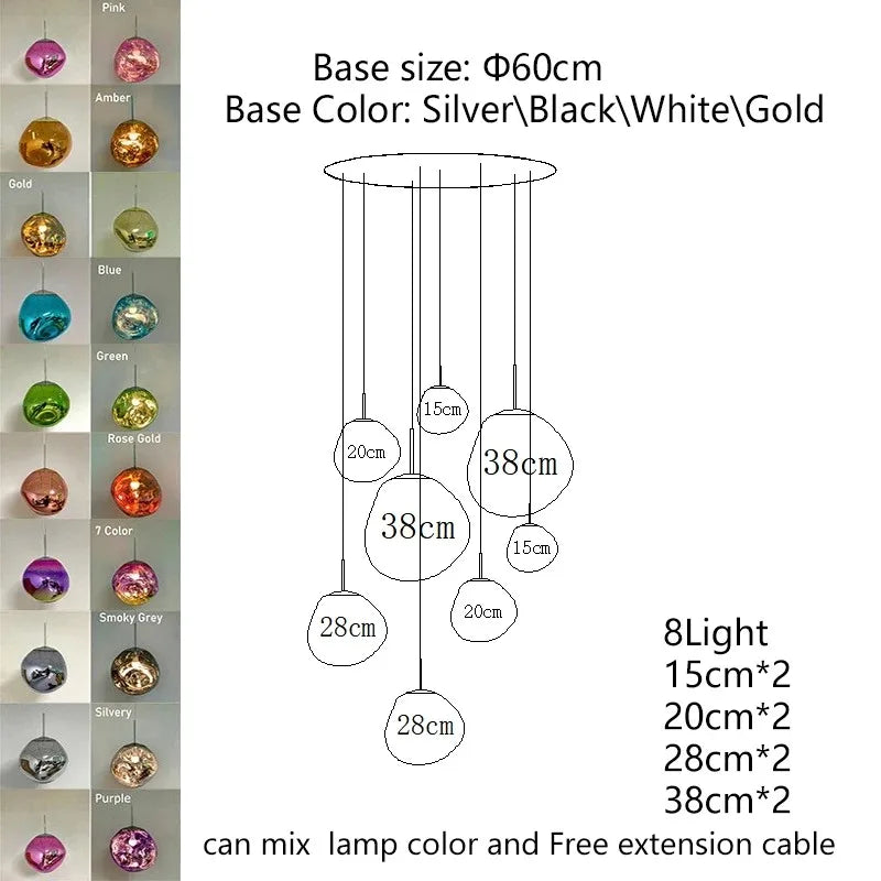 A modern nordic LED PVC pendant light with multicolored glass globes and a silver black white or gold base for indoor use