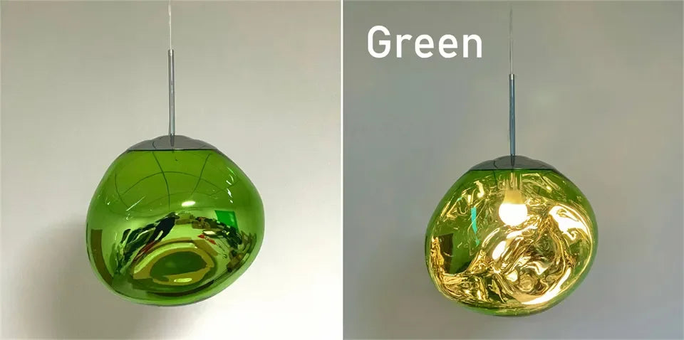 Green glass nordic led pendant light with reflective spherical design and metallic chain for indoor home decoration
