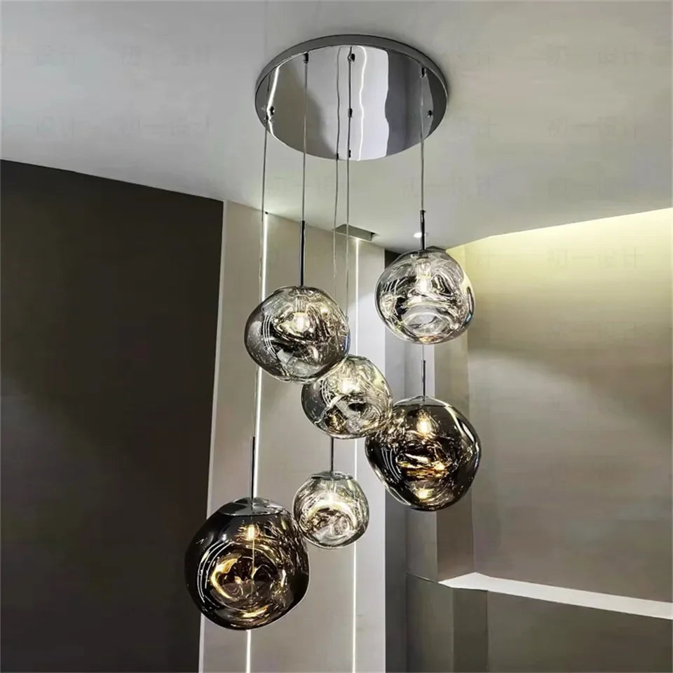 Modern chrome-finished nordic led pvc pendant light with five reflective hand-blown glass spheres for indoor use
