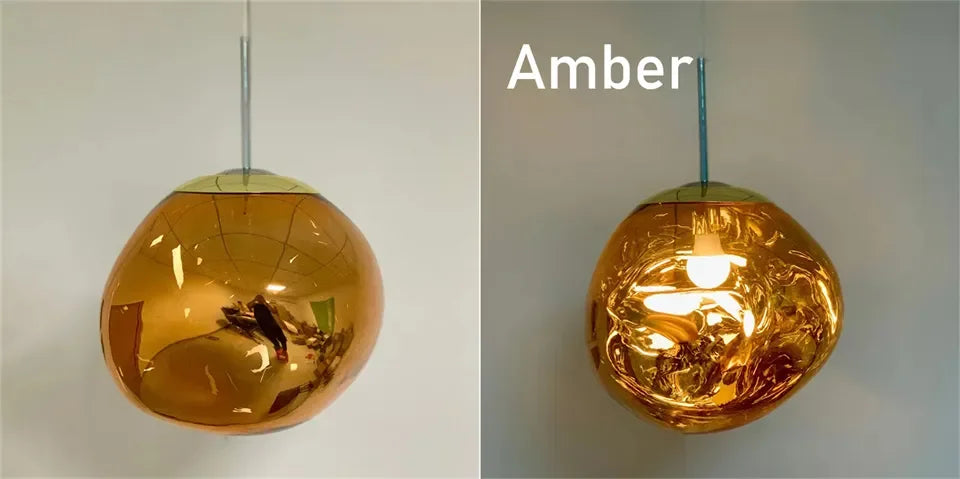 Amber-colored reflective glass Nordic LED pendant light with sleek metallic suspension for indoor home decoration