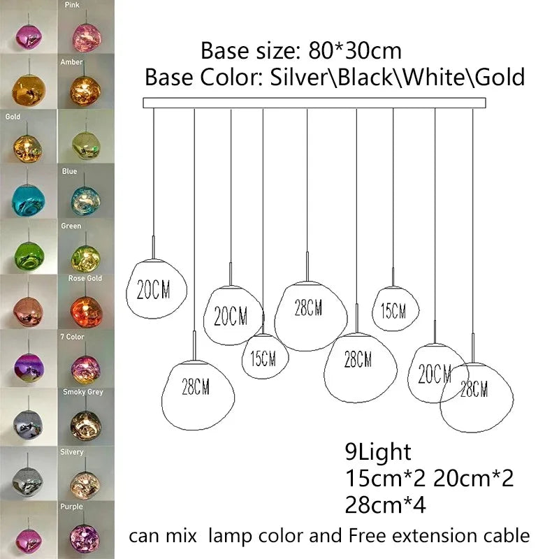 Nordic LED PVC pendant light with nine spherical glass bulbs in assorted metallic and colorful finishes for indoor use