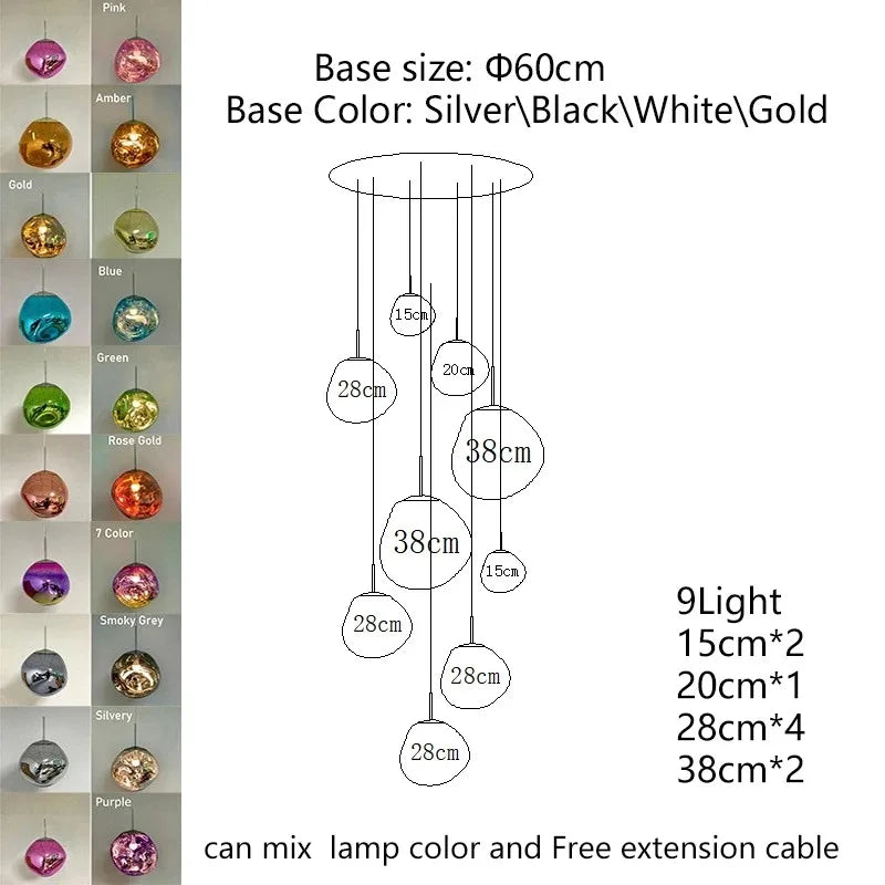 A nordic led pvc pendant light with nine multicolored spherical glass lights for indoor home decoration