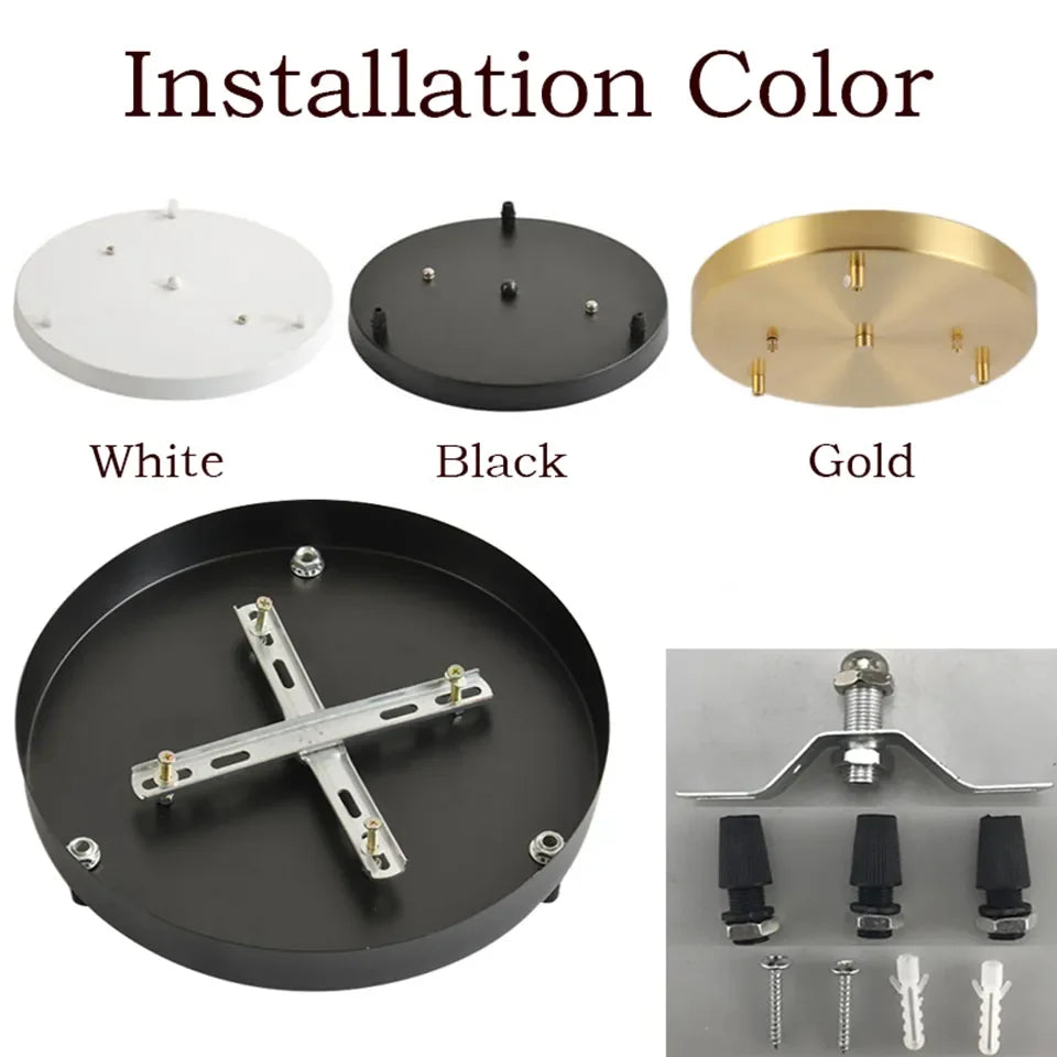Black circular ceiling light mounting plate with silver metal cross brace and hardware for nordic led pendant lamp