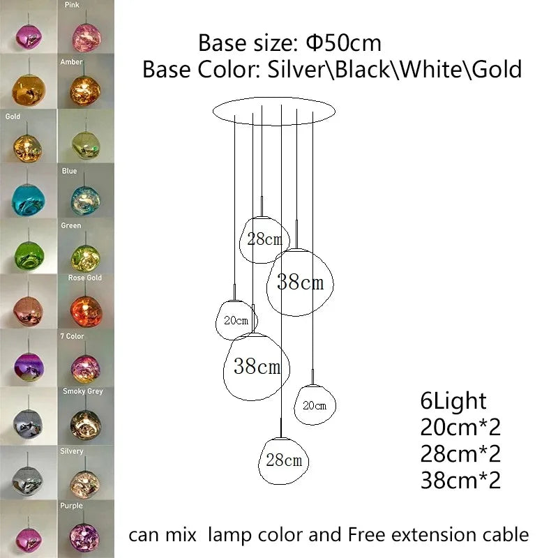 Modern nordic led pvc pendant light with colorful glass globe shades and silver black white or gold bases for indoor use
