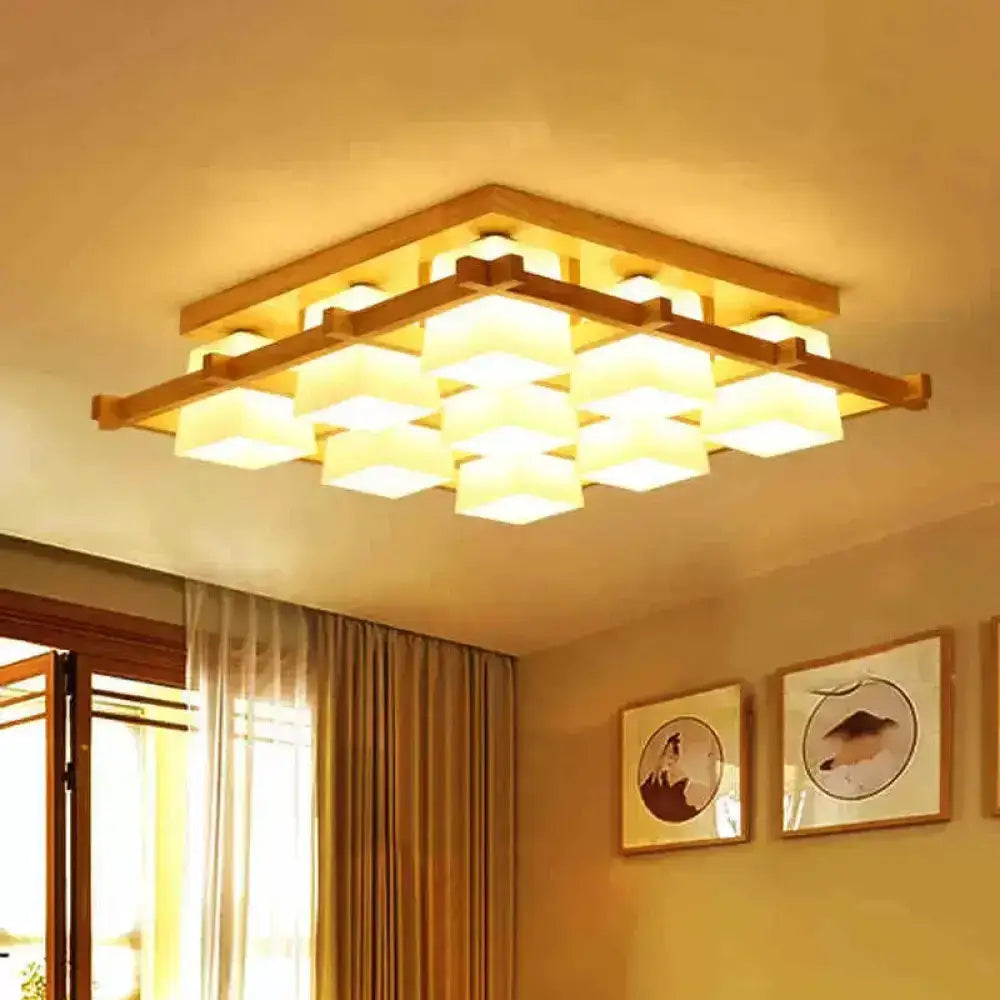 DecorBites™ DecorBites™ Nordic Light Wood Grid Semi Flush Mount with Frosted Glass Shade - 4/6/9-Light Ceiling Mount