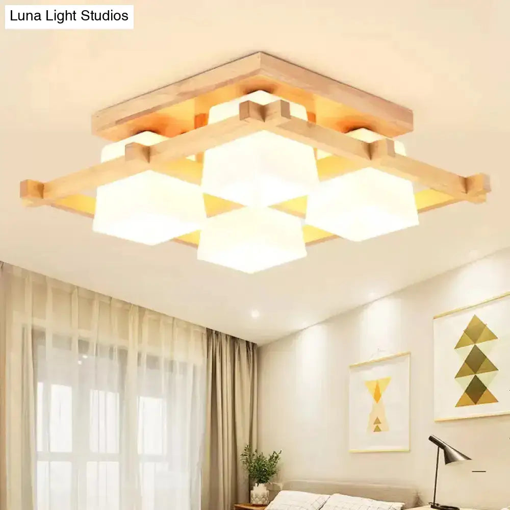 DecorBites™ DecorBites™ Nordic Light Wood Grid Semi Flush Mount with Frosted Glass Shade - 4/6/9-Light Ceiling Mount