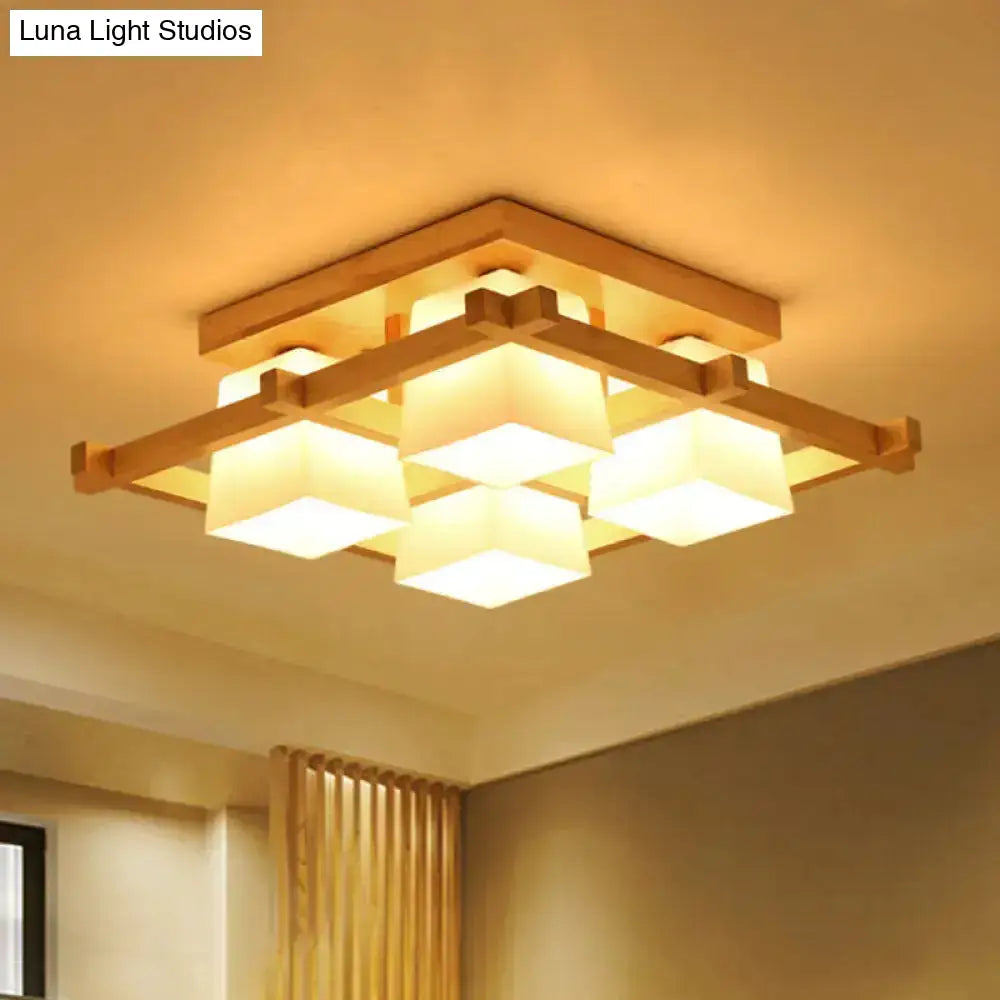 DecorBites™ DecorBites™ Nordic Light Wood Grid Semi Flush Mount with Frosted Glass Shade - 4/6/9-Light Ceiling Mount
