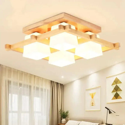 DecorBites™ DecorBites™ Nordic Light Wood Grid Semi Flush Mount with Frosted Glass Shade - 4/6/9-Light Ceiling Mount