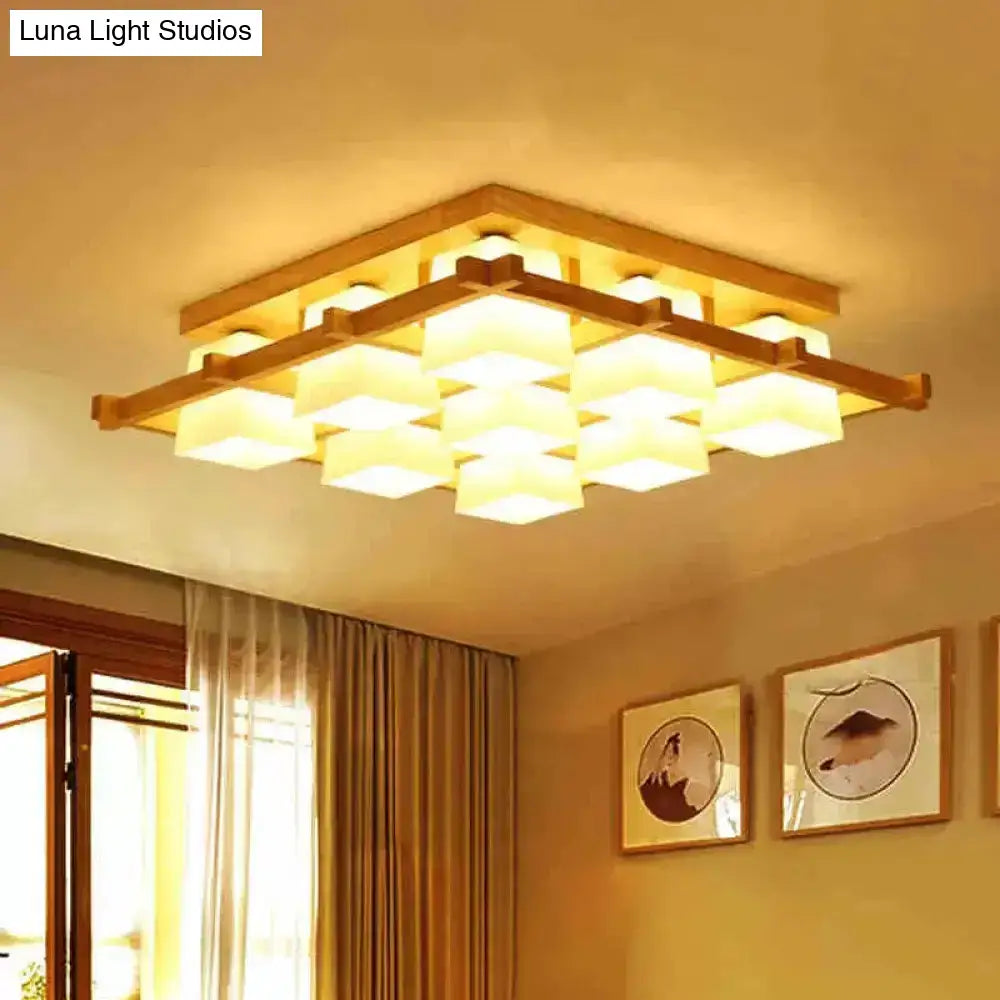 DecorBites™ DecorBites™ Nordic Light Wood Grid Semi Flush Mount with Frosted Glass Shade - 4/6/9-Light Ceiling Mount