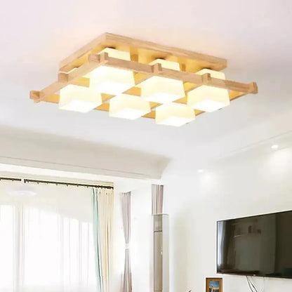DecorBites™ DecorBites™ Nordic Light Wood Grid Semi Flush Mount with Frosted Glass Shade - 4/6/9-Light Ceiling Mount