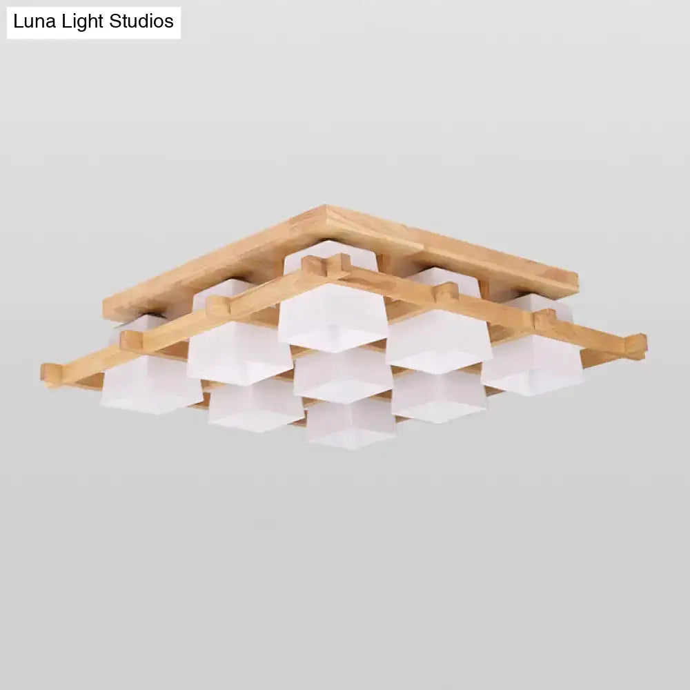 DecorBites™ DecorBites™ Nordic Light Wood Grid Semi Flush Mount with Frosted Glass Shade - 4/6/9-Light Ceiling Mount