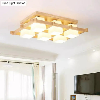 DecorBites™ DecorBites™ Nordic Light Wood Grid Semi Flush Mount with Frosted Glass Shade - 4/6/9-Light Ceiling Mount