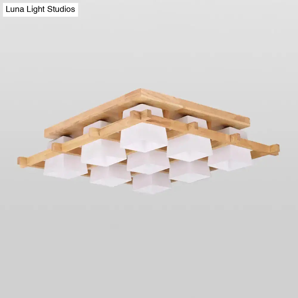 DecorBites™ DecorBites™ Nordic Light Wood Grid Semi Flush Mount with Frosted Glass Shade - 4/6/9-Light Ceiling Mount