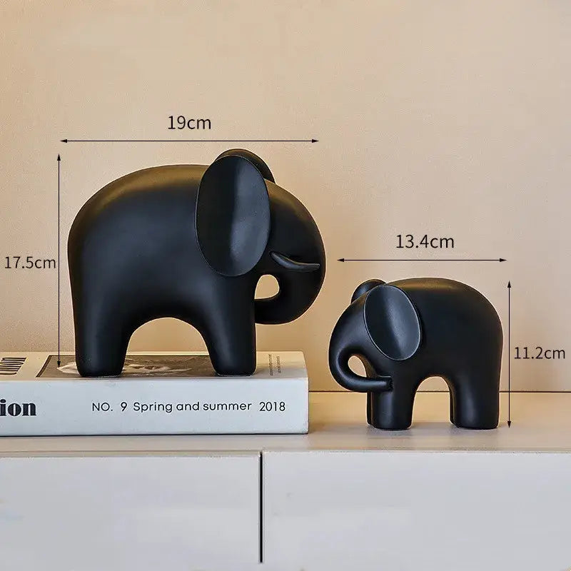Black matte-finished ceramic elephant resin statue set featuring large and small decorbites elephant for living room decor
