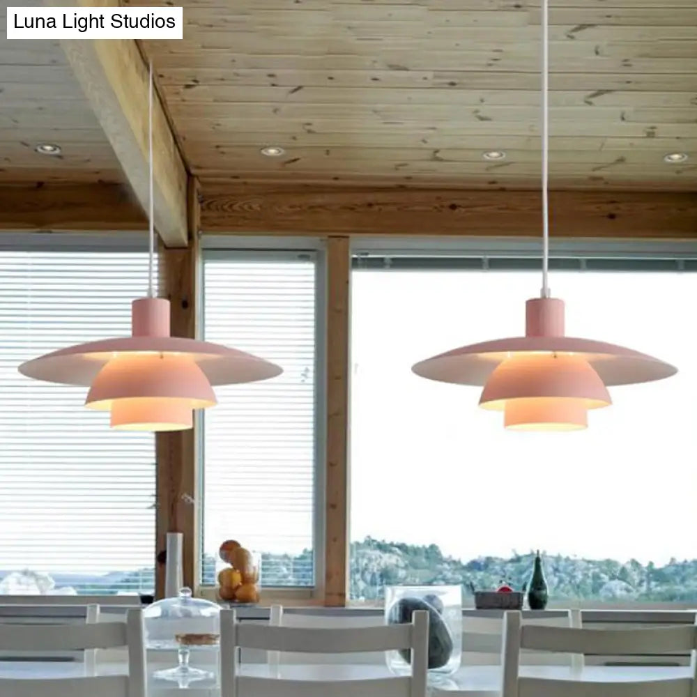 Nordic Metal 1-Head Ceiling Pendant Lamp – Modern Tiered Design with Flared Shade in Pink/White for Living Room