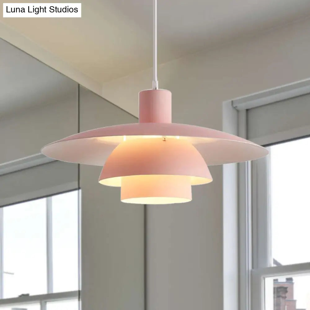 Nordic Metal 1-Head Ceiling Pendant Lamp – Modern Tiered Design with Flared Shade in Pink/White for Living Room