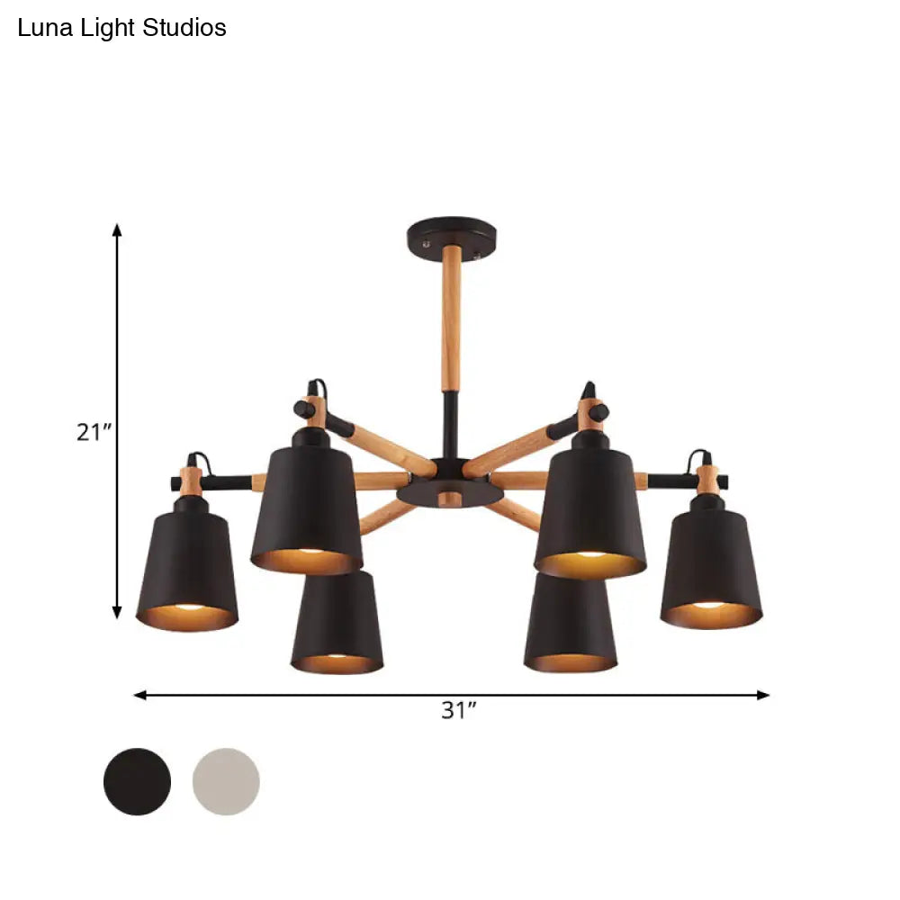 Nordic Metal Chandelier Light with 6 Bulbs & Wooden Arm - Black/White Suspension Lamp for Living Room