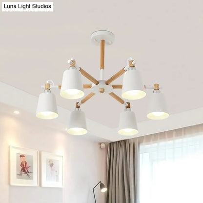 Nordic Metal Chandelier Light with 6 Bulbs & Wooden Arm - Black/White Suspension Lamp for Living Room