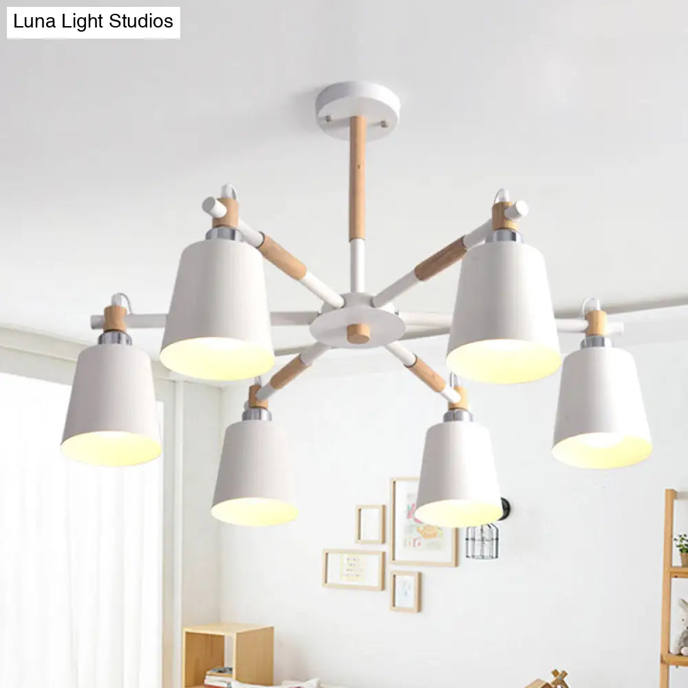 Nordic Metal Chandelier Light with 6 Bulbs & Wooden Arm - Black/White Suspension Lamp for Living Room