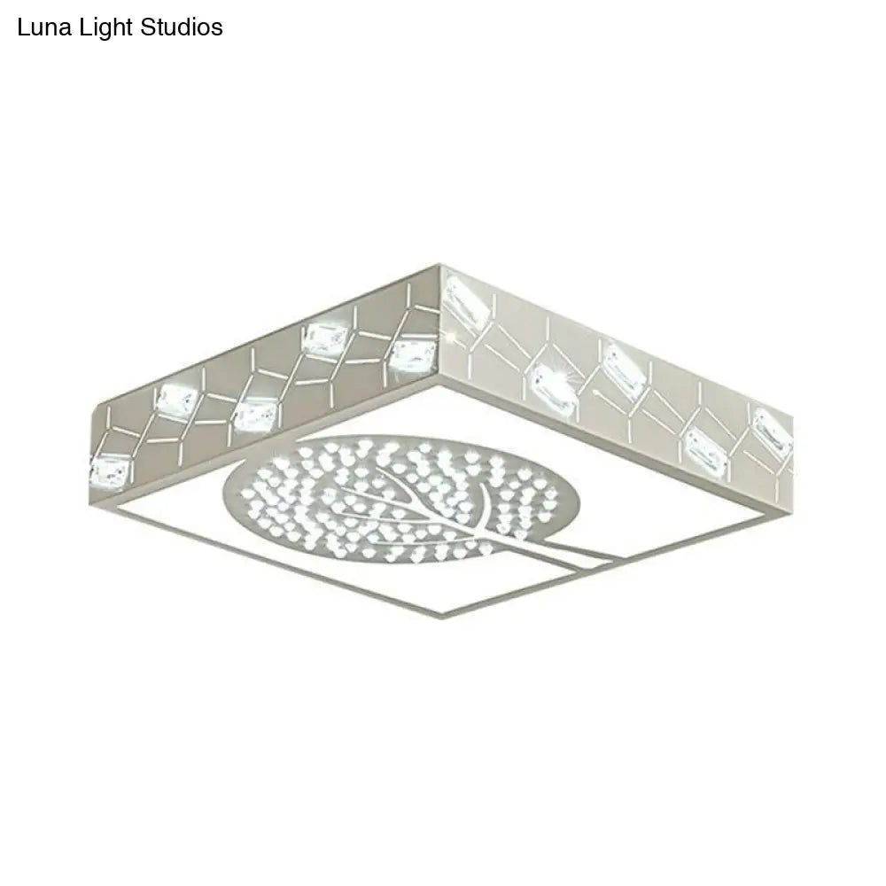 DecorBites™ DecorBites™ Nordic Metal LED Bedroom Ceiling Lamp - Square Box Flush Mount with Crystal Bead & Tree Pattern, White/Warm Light