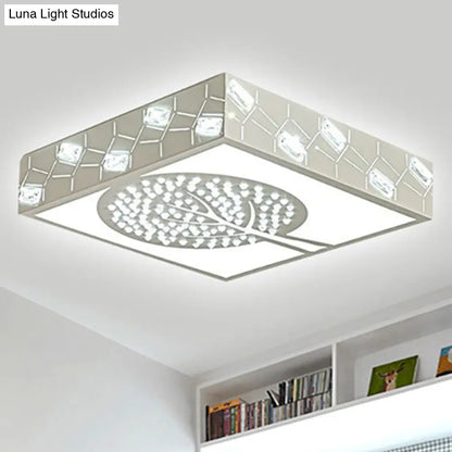 DecorBites™ DecorBites™ Nordic Metal LED Bedroom Ceiling Lamp - Square Box Flush Mount with Crystal Bead & Tree Pattern, White/Warm Light