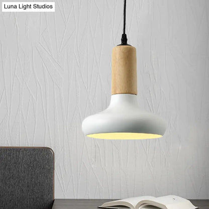 Nordic Metallic Urn Shaped Hanging Pendant Light Fixture - 1 Head White Drop with Wood Cap Tube