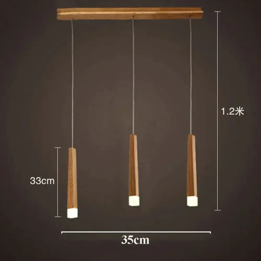 Nordic minimalist wood pendant lamp with wooden horizontal bar and three tapered wood-cased bulbs for dining room
