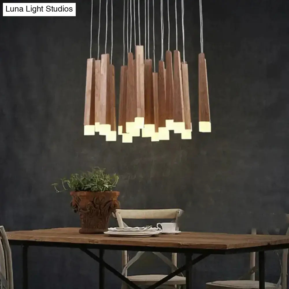 Modern wooden pendant lamp with warm glowing led base and vertical natural wood slats nordic minimalist wood art