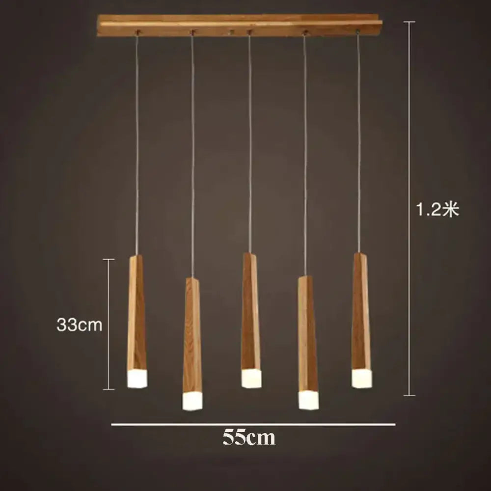 Nordic minimalist wood pendant lamp with five vertical natural wood and white acrylic fixtures for dining room