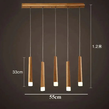 Nordic minimalist wood pendant lamp with five vertical natural wood and white acrylic fixtures for dining room