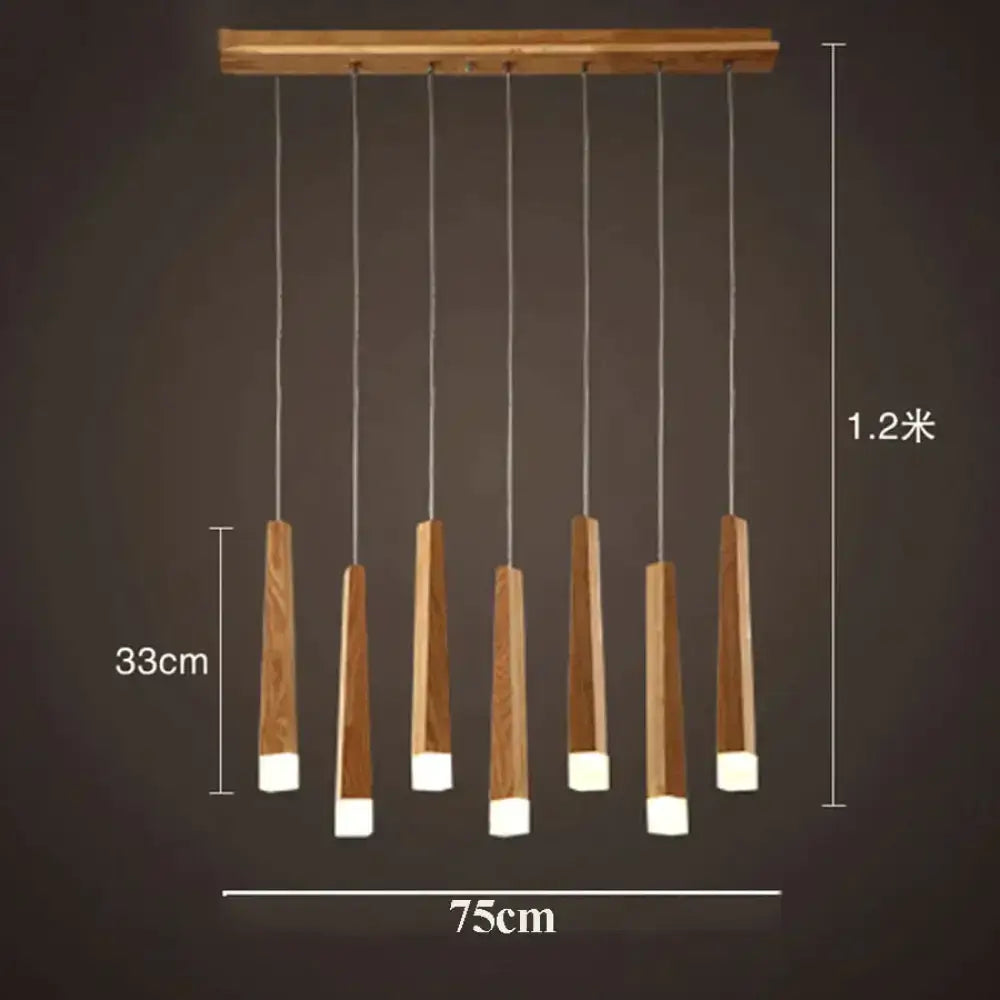 Modern wooden pendant lamp with six slender cylindrical shades in nordic minimalist wood art style for dining room
