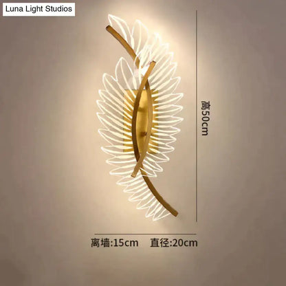 Gold-toned nordic modern art wall lamp with leaf-shaped translucent illuminated petals for modern art bedside use
