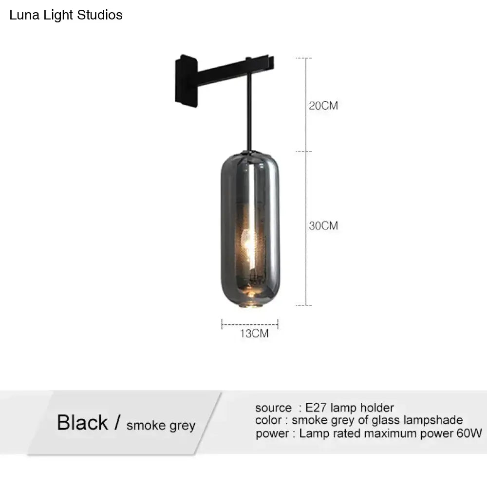 Black metal wall-mounted sconce with smoke grey glass lampshade for nordic modern decor bedroom lighting