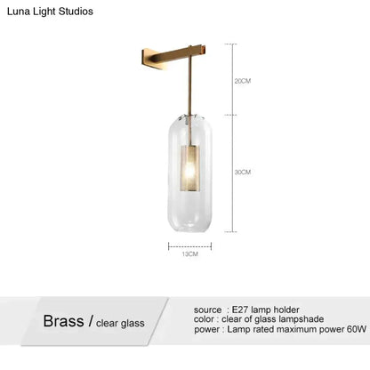 Nordic modern decor brass and glass wall lamp with cylindrical clear glass lampshade for bedroom lighting