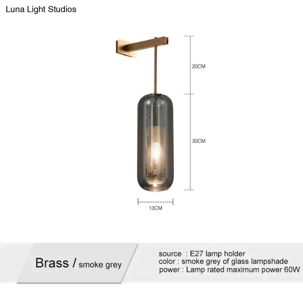 Brass and smoke grey glass lampshade pendant lamp with cylindrical shade for nordic modern decor bedroom