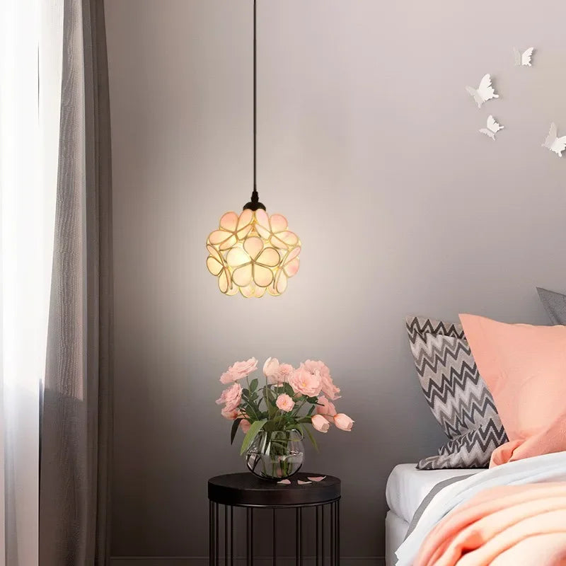 Nordic modern petal acrylic pendant lamp with translucent pink and cream glass petals for bedroom and dining use