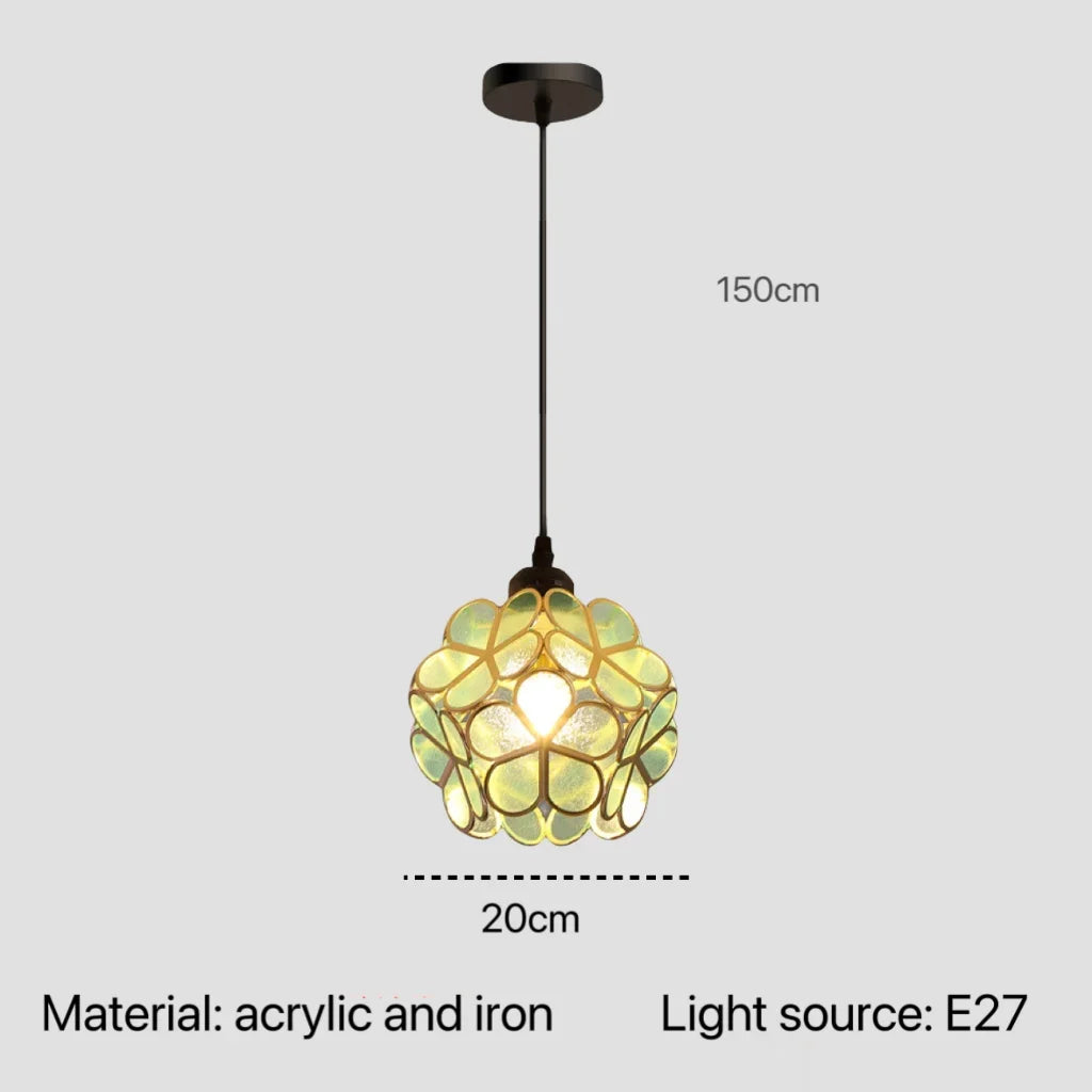 A delicate spherical nordic modern petal pendant lamp with green acrylic floral panels in an iron frame for indoor use