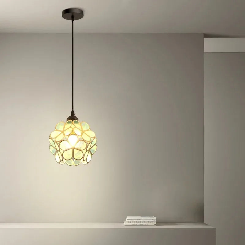 Nordic modern petal acrylic pendant lamp with greenish-yellow floral glass panels and warm led light for bedroom or foyer
