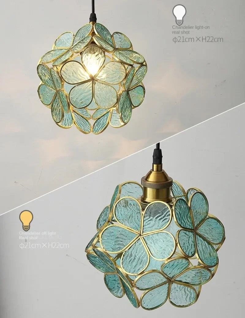 A delicate teal glass nordic modern petal acrylic pendant lamp with gold floral metal frame for bedroom and restaurant lighting
