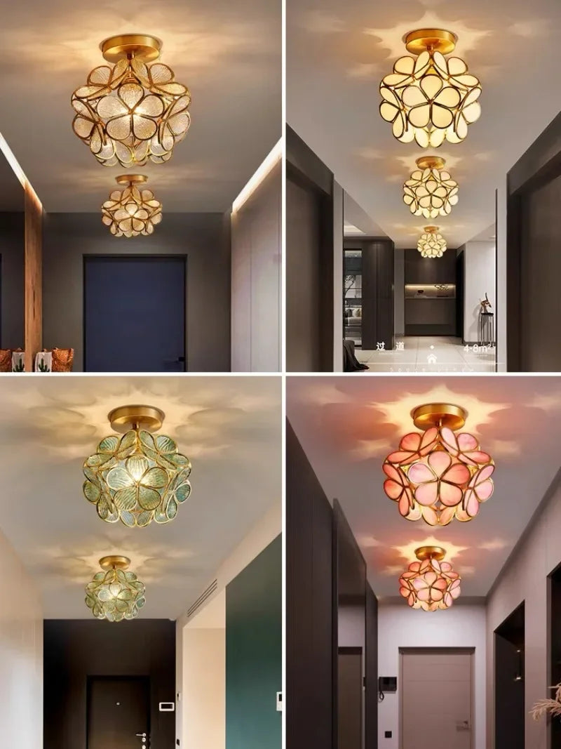 Gold-toned nordic modern petal acrylic pendant lamp with multicolored floral glass panels for bedroom and foyer lighting