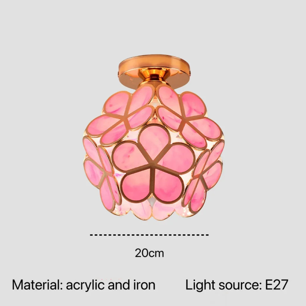 Pink floral petal acrylic and iron ceiling light fixture designed for bedroom bedside and restaurant lighting
