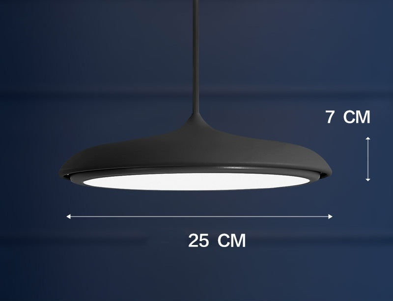 Black matte pendant light with a 25 cm diameter and 7 cm height, modern design.